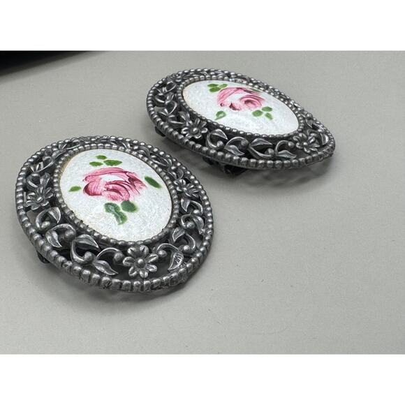 Vintage Signed Tip Toe Guilloche Enamel Hand Painted Rose Shoe Clips - Picture 3 of 10